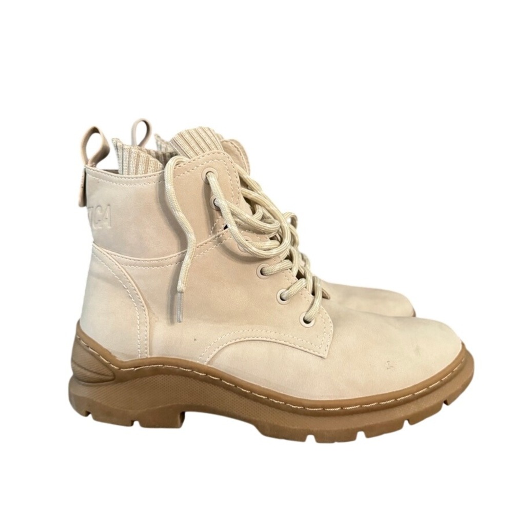 Nautica Cream Beige Lace Up Combat Boots Knit Sock Collar Lug Sole Womens 7.5